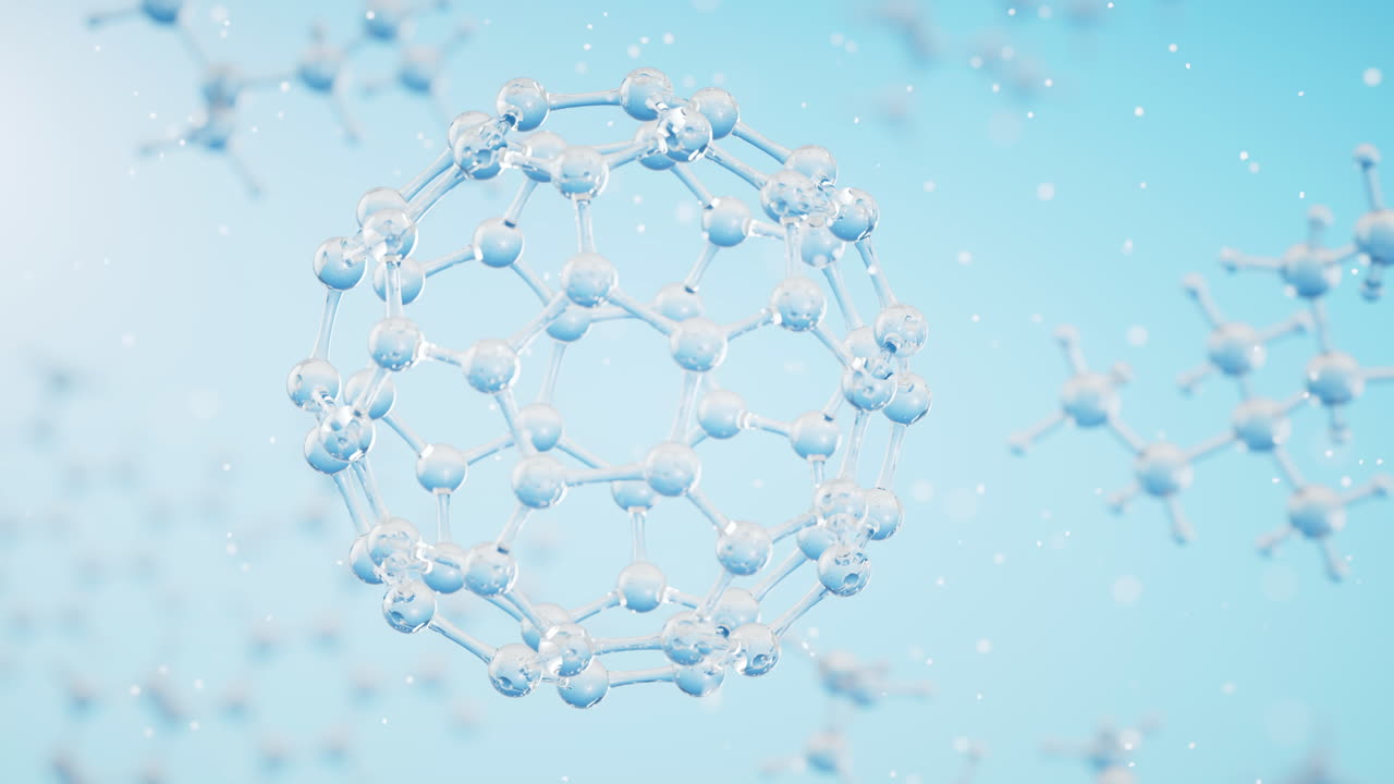 파란색 배경의 화학 분자, 3d 렌더링
