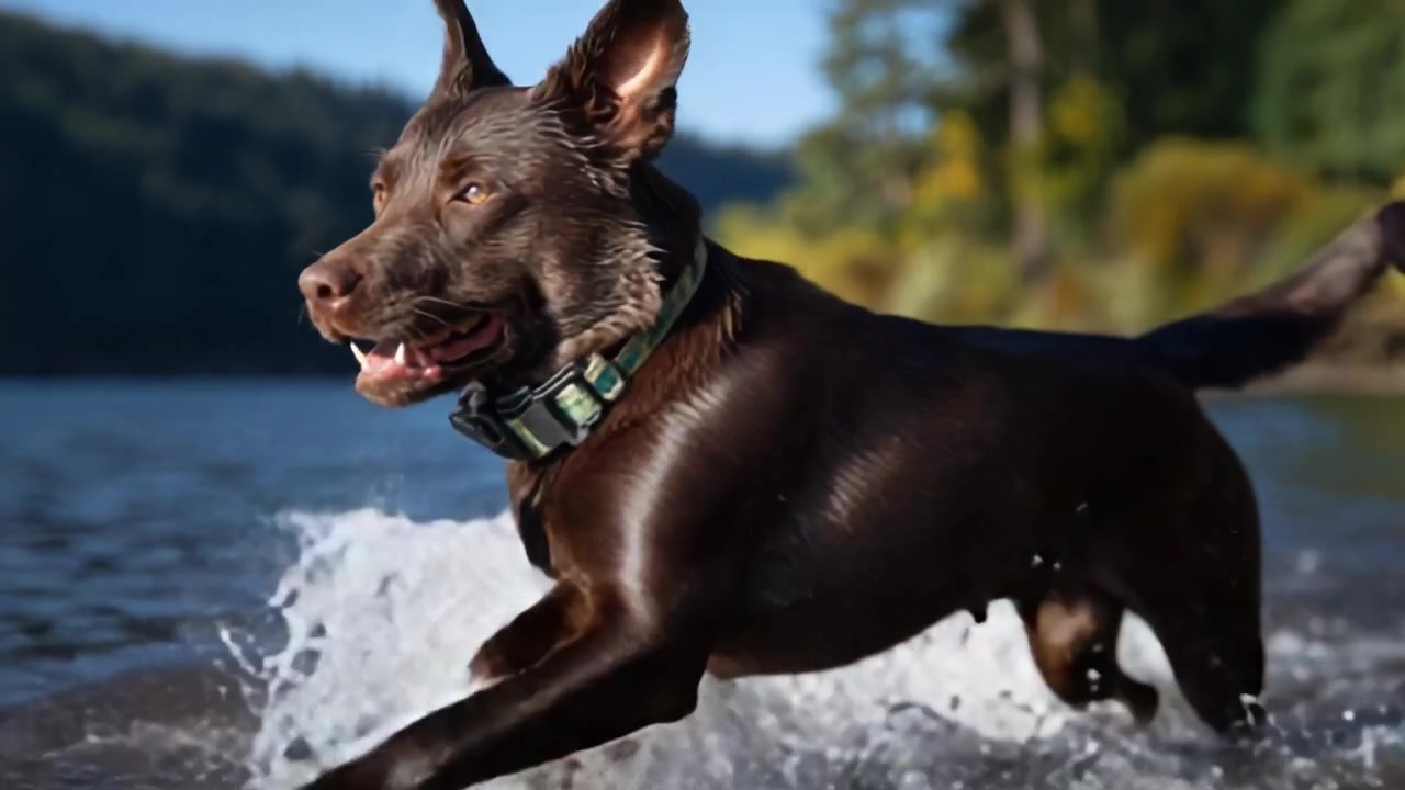 Un cane giocoso sguazza gioiosamente nell'acqua, mostrando la sua vibrante energia e l'amore per le avventure all'aperto in mezzo a un paesaggio naturale scenografico.