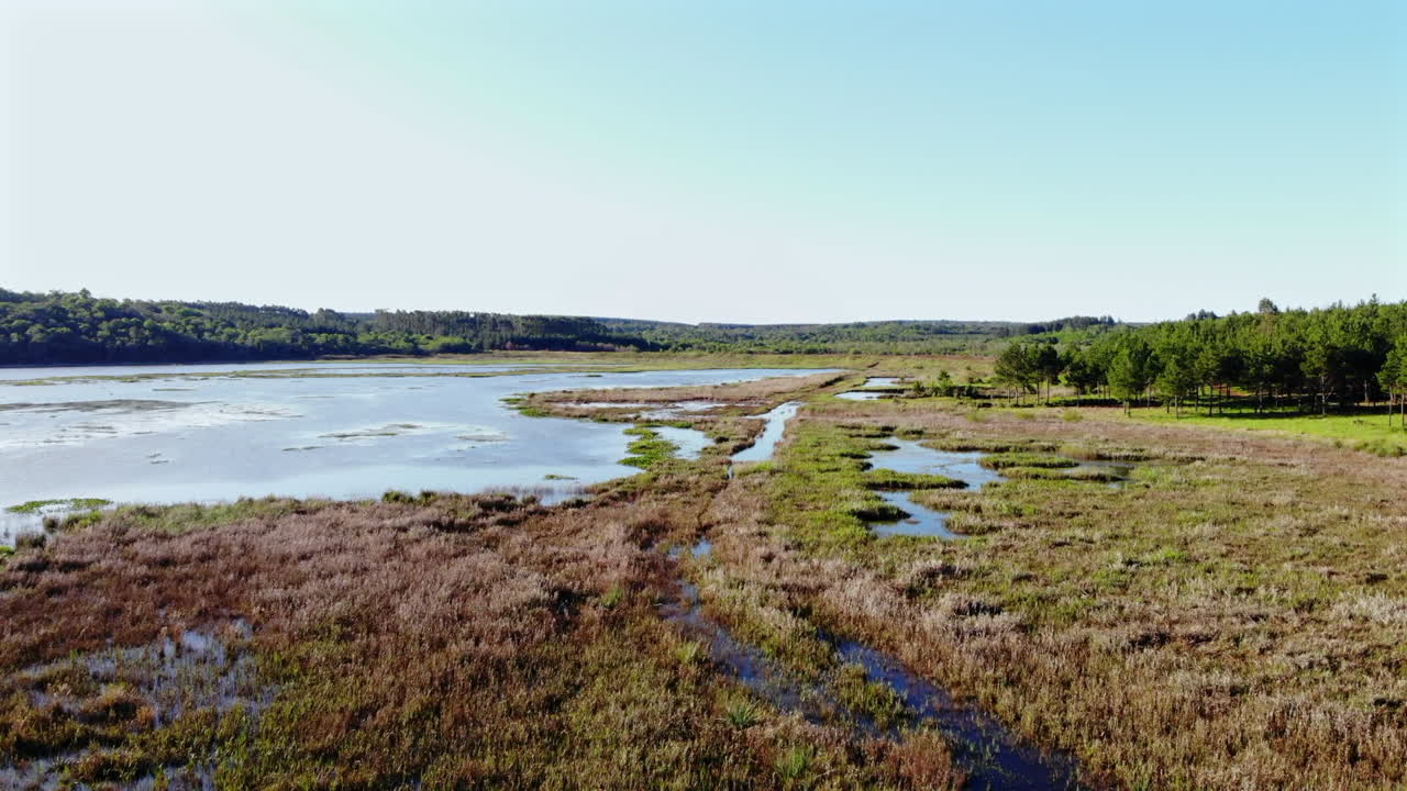 Coastal wetland landscape with Río Yabebiry River and grassy terrain, San Ignacio, Misiones, Argentina.