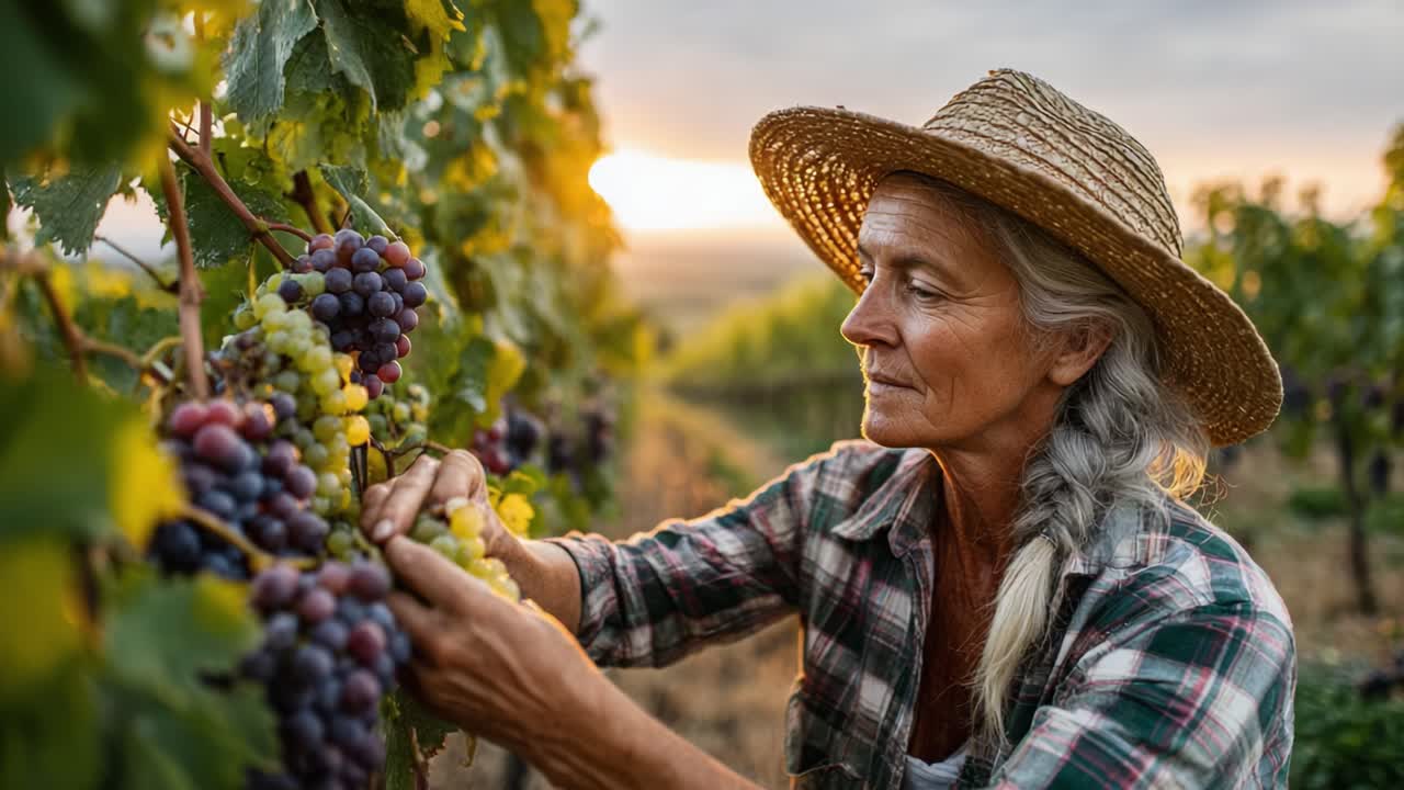 A Dedicated Vineyard Worker Gathers Fresh Grapes at Sunset, Showcasing the Beauty of Harvesting Grapes in a Serene Vineyard Setting with Vibrant Colors