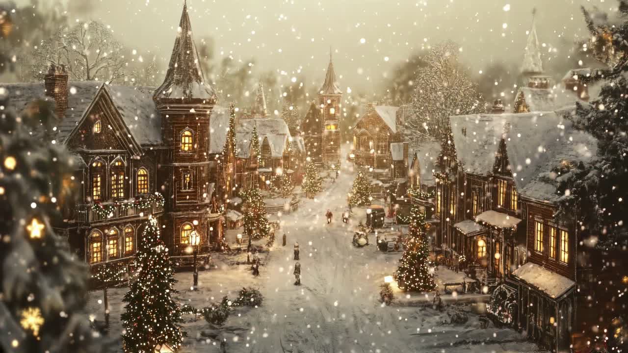Aerial view of a snowy, festive village at dusk, capturing a warm, nostalgic holiday scene