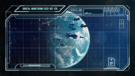 spaceship fleet leaving earth orbit - futuristic computer hud