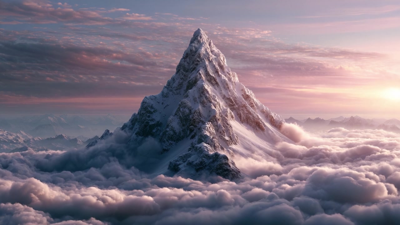 Puncak Bersalju yang Megah Menjulang di Atas Awan Ethereal Saat Senja, Bermandikan Palet Warna Pastel Lembut yang Menciptakan Suasana Indah yang Damai dan Penuh Mimpi