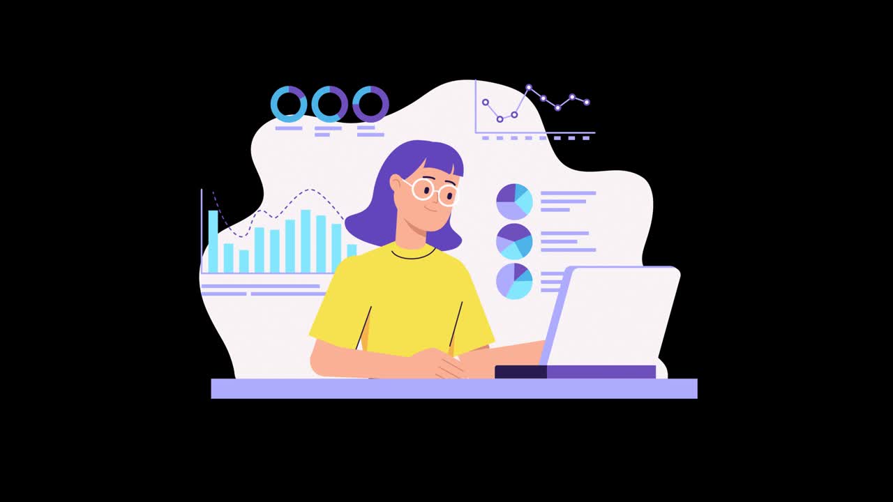 Young female character work at laptop. ALPHA channel animation. Financial graphs and charts, business. Accounting, analysis, audit, research. infographics. Finance statistics. office worker