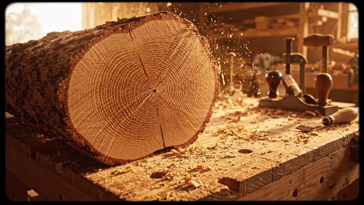 Craftsmanship in Woodwork: Capturing the Beauty and Detail of a Timber Log on a Workbench Surrounded by Shavings and Hand Tools in a Bright Workshop Atmosphere