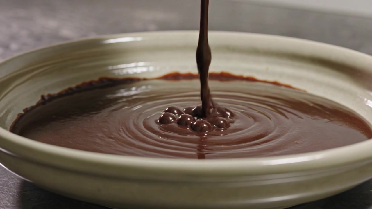 Derramando chocolate de cima em uma tigela rasa de creme sobre um balcão cinza, formando bolhas e ondulações.
