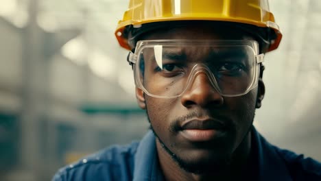 industrial worker wearing a hard hat and safety glasses is staring ahead with a serious expression