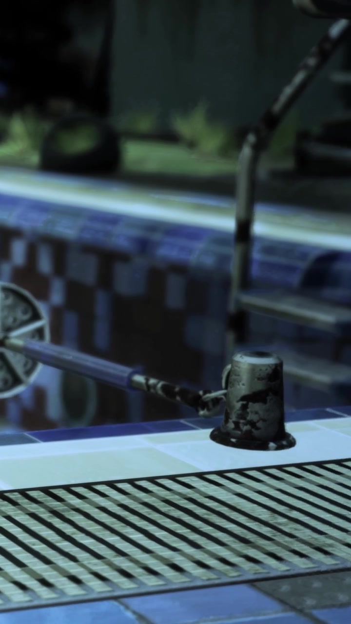 Robot cleaner works on a swimming pool during the day in a backyard