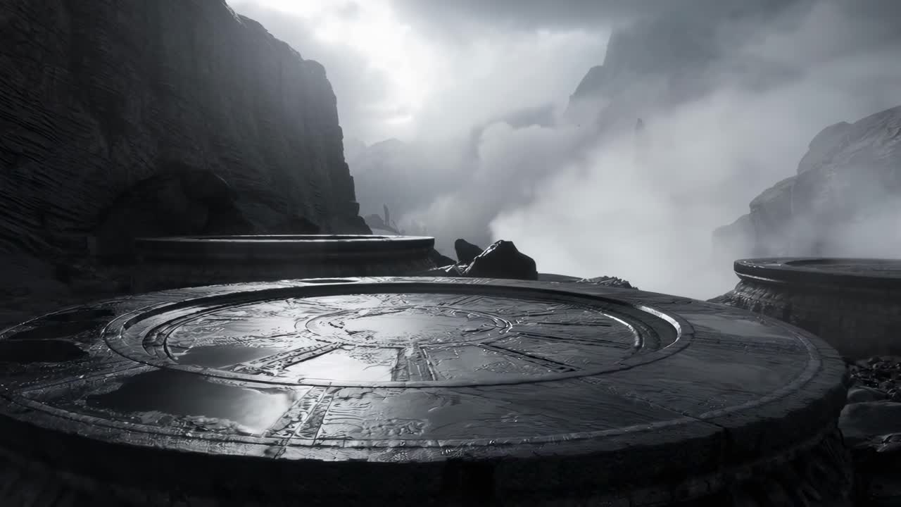Cinematic video still of ancient ruins in misty mountains, captured from a low angle
