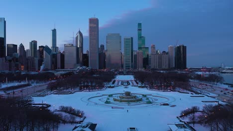 urban skyline of chicago in evening twilight in winter. aerial view. usa