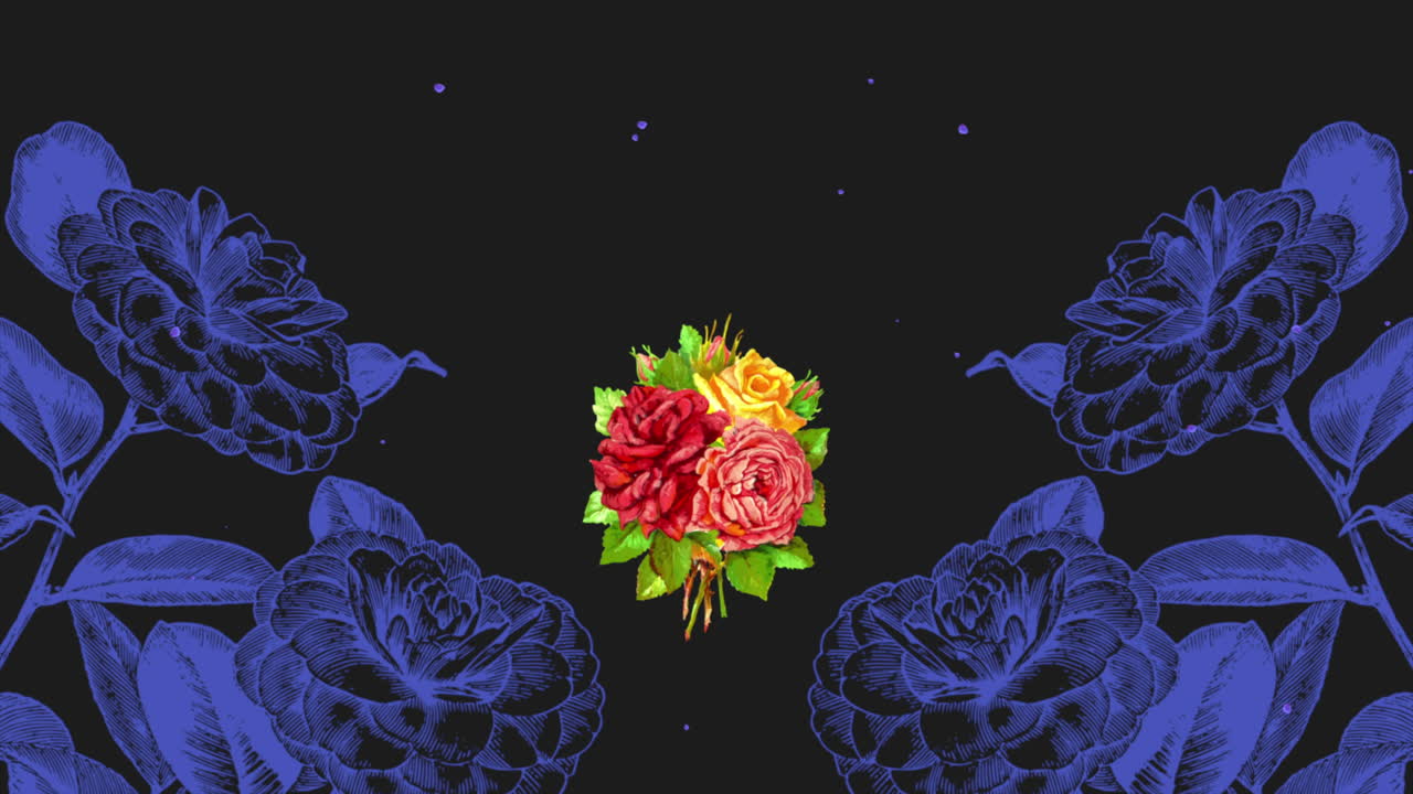Retro colorful roses and futuristic flowers with fly glitters