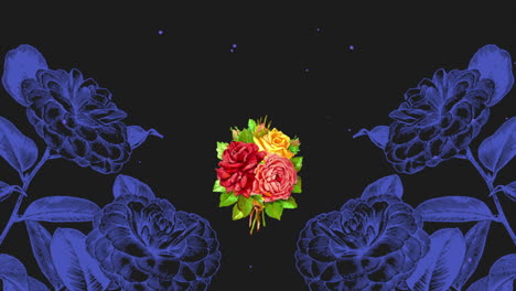 rosas de colores retro y flores futuristas con brillos de mosca