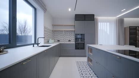 spacious modern kitchen with gray cabinetry, patterned backsplash, and integrated appliances, under soft led lighting