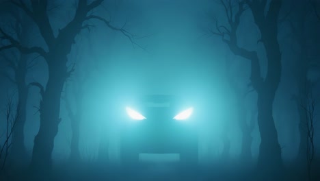 glowing eyes in a misty, dark forest