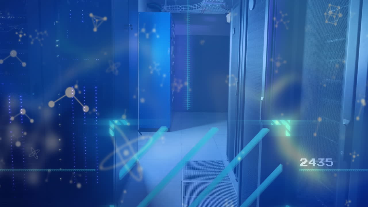 컴퓨터 서버 방에 떠다니는 스캐너와 분자 구조의 애니메이션