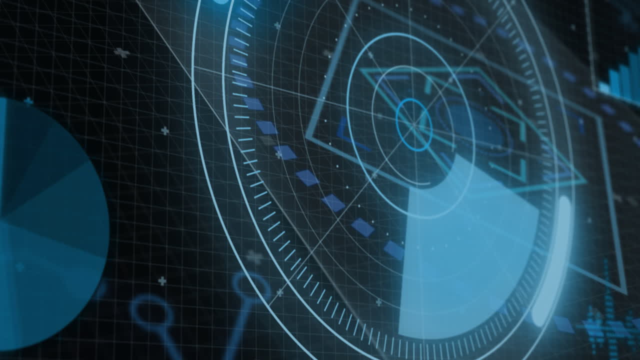 animación del radar y los círculos y el patrón de la placa de circuitos contra un fondo negro.