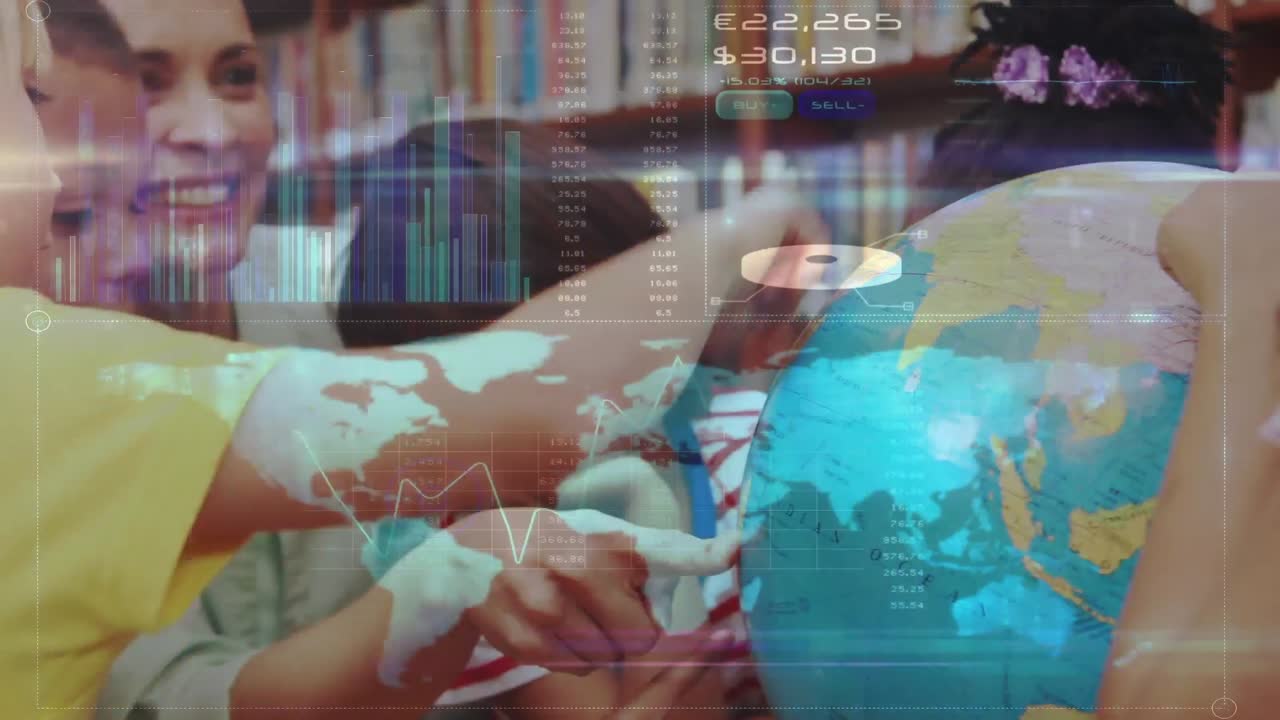 animación del procesamiento de datos sobre escolares que miran el globo en clase