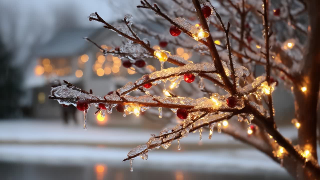 A Frosty Winter Wonderland: Captivating Scene of Icy Bare Branches Adorned with Glittering Lights and Bright Red Berries Amidst a Soft Snowfall