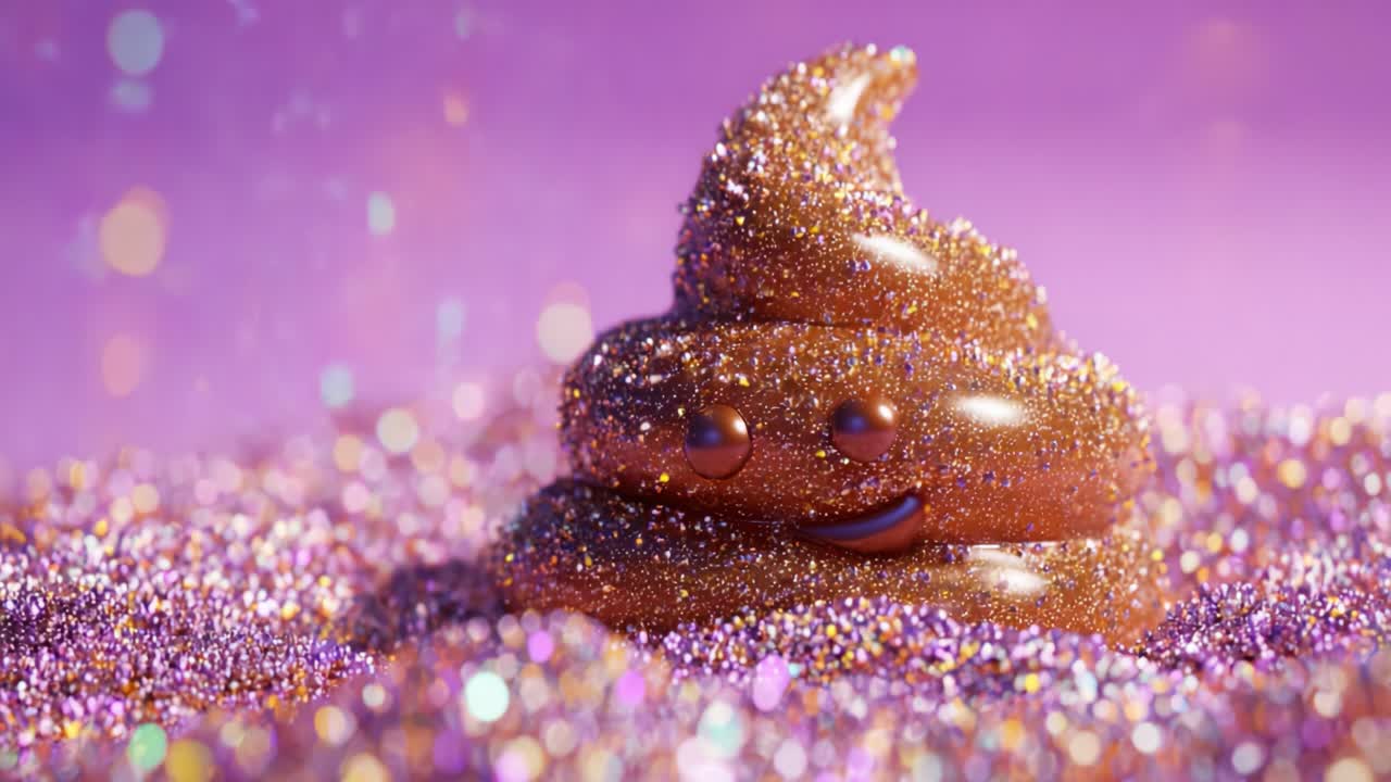 A Whimsical Glittering Poop Emoji on a Shimmering Purple Background, Surrounded by Sparkling Glitter That Creates a Playful and Fun Atmosphere for Delight and Laughter