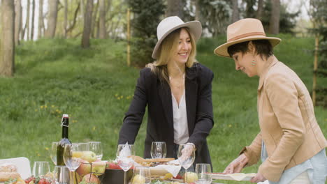 two happy women setting food on a dining table for an outdoor party in the park