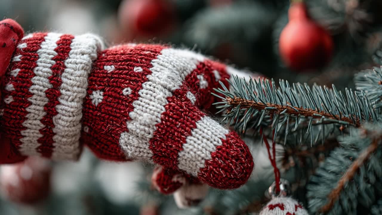 A Hand in Knitted Mittens Reaches for a Decorative Ornament on a Christmas Tree, Capturing the Holiday Spirit of Festivity and Warmth