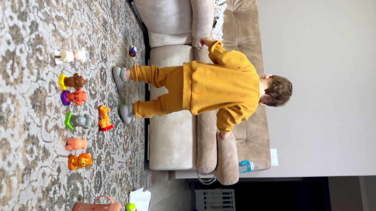 Pretty Caucasian baby boy in yellow suit put toy animals on the floor. Kid chooses a toy to play with. Vertical view.