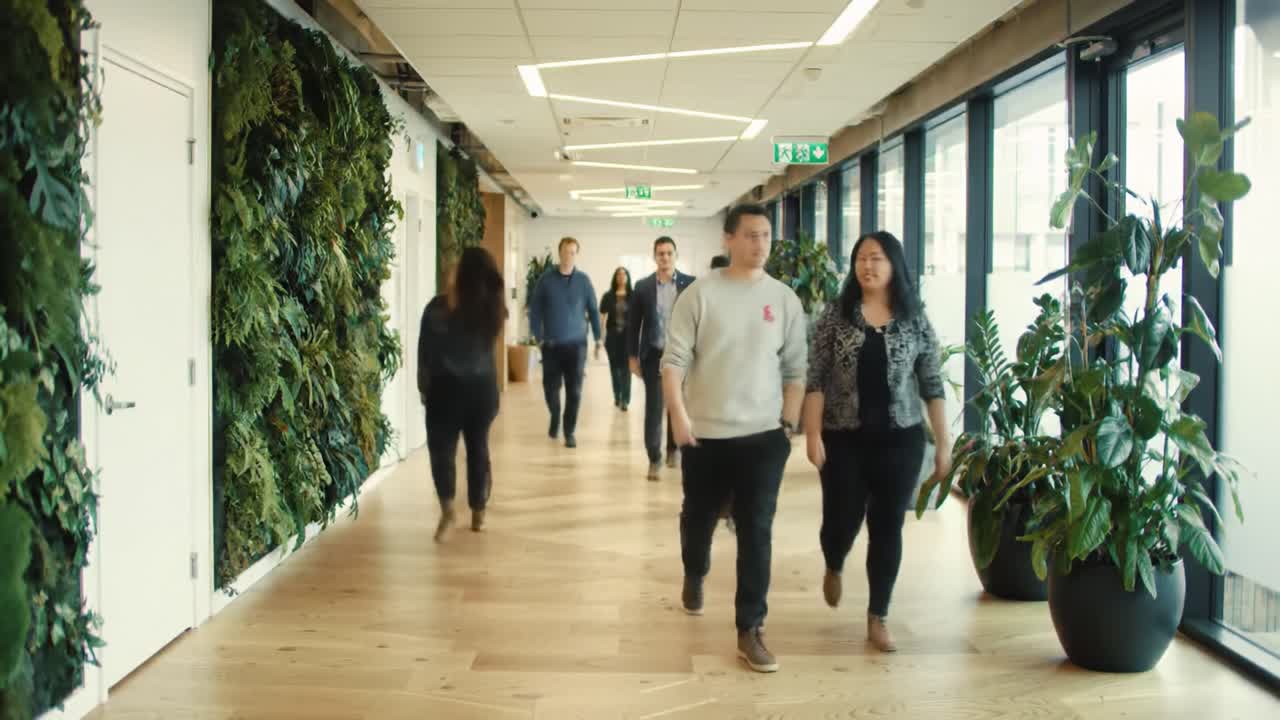 A Collaborative Workspace: People Navigating Through a Lively Office Hallway Surrounded by Lush Greenery and Modern Decor