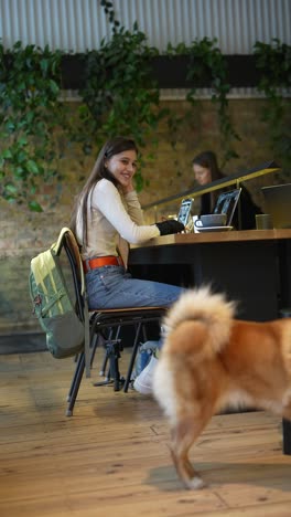 mujer trabajando en una cafetería con perro