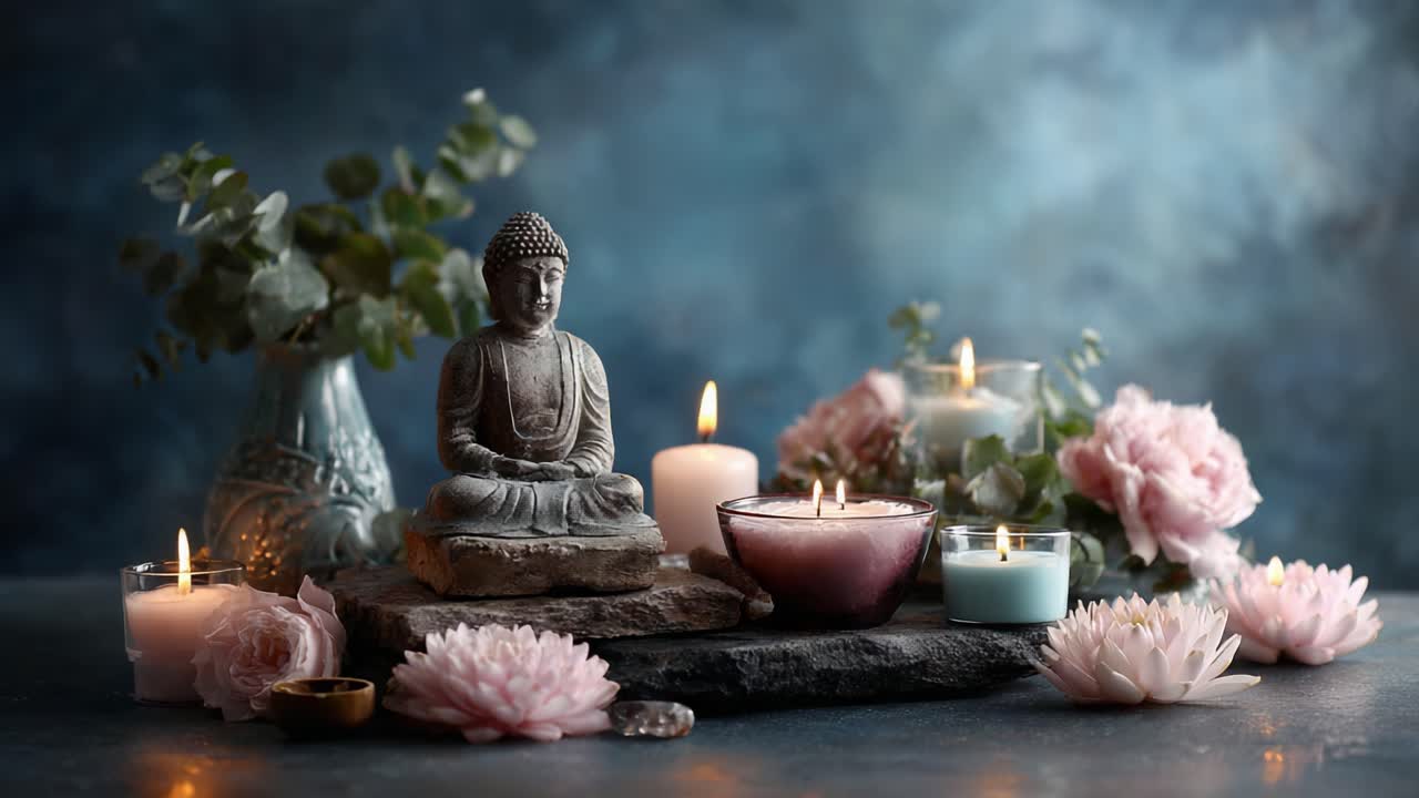 Una serena natura morta con un Buddha tranquillo circondato da candele soffuse, fiori eleganti e luce delicata, che crea un'atmosfera armoniosa per la riflessione e la pace.