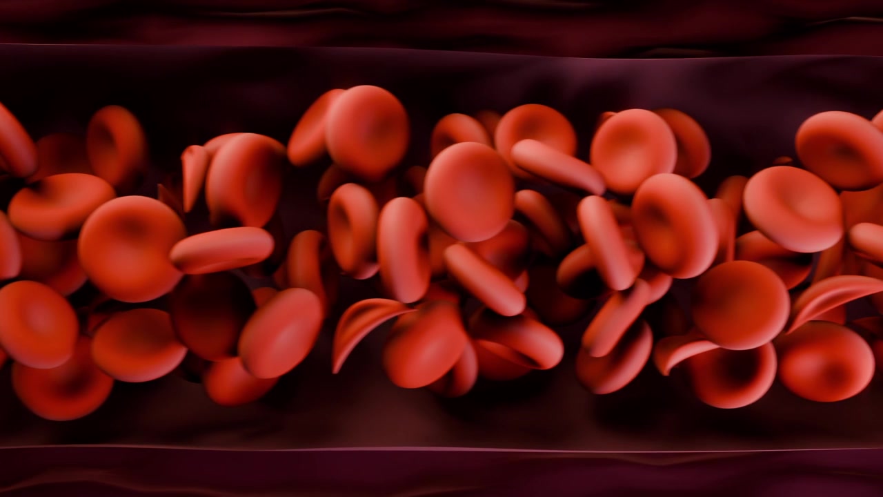Lighting rising showing red blood cells flowing right, rotating and clumping, circulating in vessel