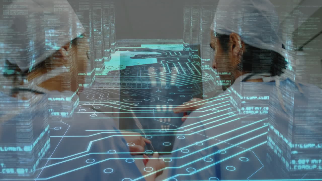 Medical professionals examining digital data overlay with circuit board animation