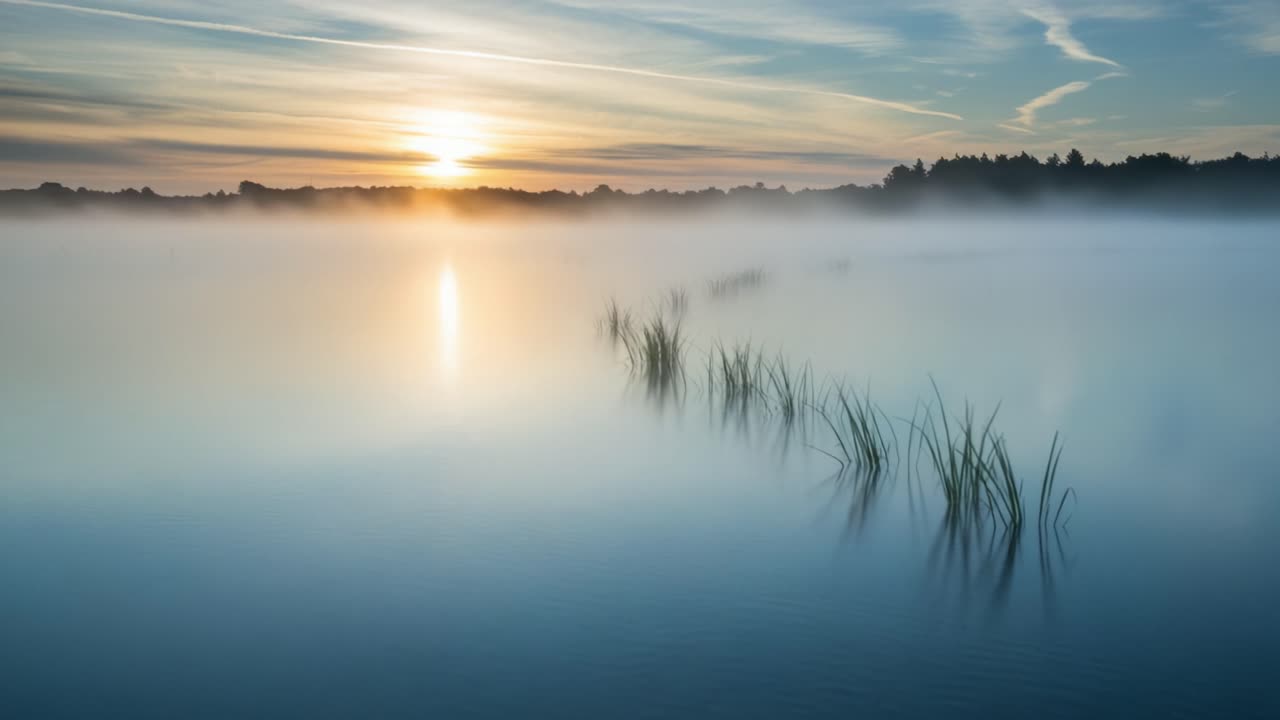 A tranquil sunrise over a misty lake, with soft reflections and gentle hues creating a serene landscape captured in two beautiful frames