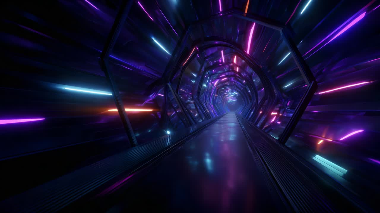 Uma jornada cativante por um túnel de neon futurista, repleto de luzes dinâmicas e cores vibrantes, evocando uma sensação de velocidade e aventura em um ambiente 3D de ficção científica