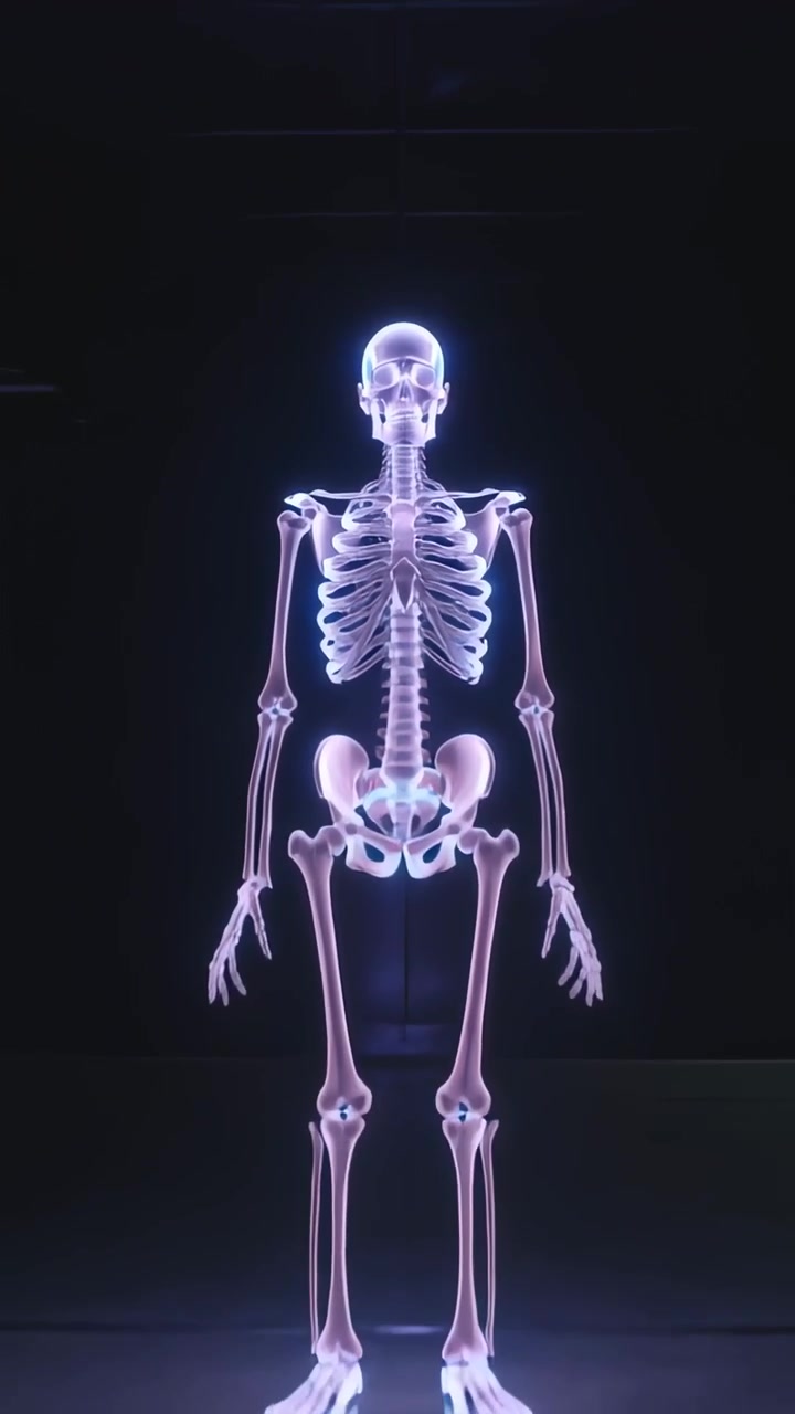 Vertical video: Camera pulling back revealing halo-lit skeleton on stage for display and reflection