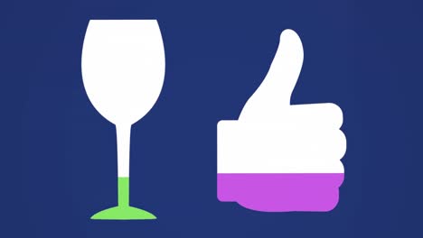 animation of filled wine glass and thumb icons with green and purple colours