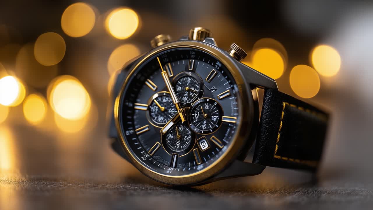 Stunning Close-Up of a Luxurious Chronograph Watch Emphasizing Elegant Design and Craftsmanship Against a Softly Glowing Background of Warm Lights