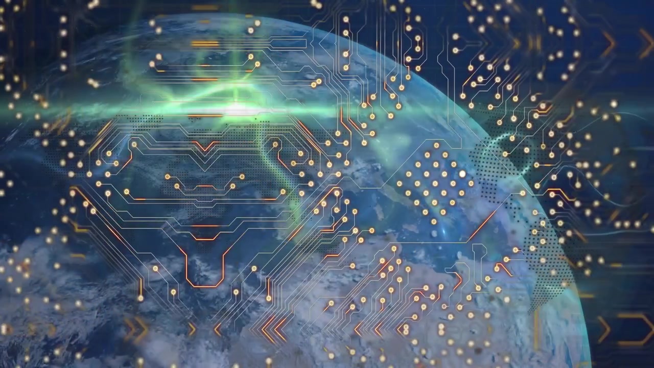 Animation of computer circuit board over light trails and globe