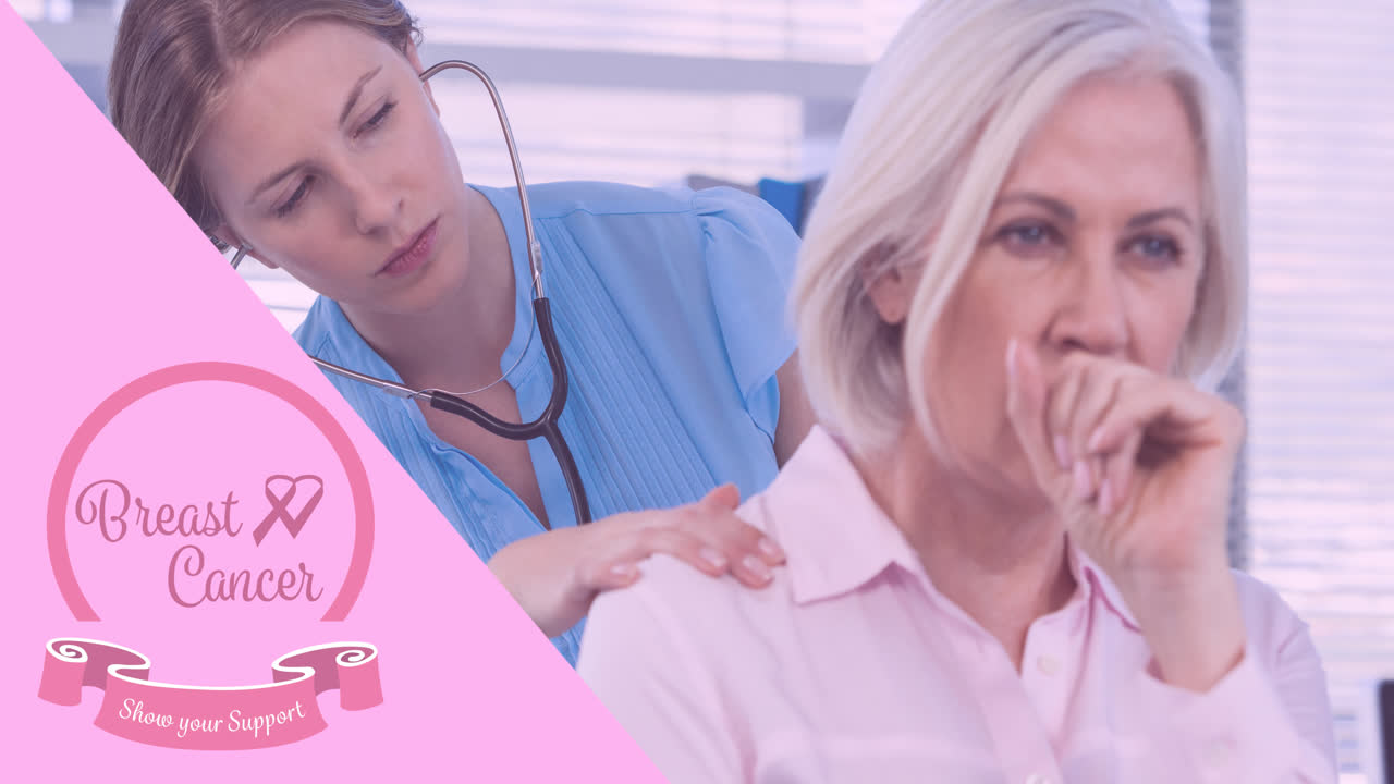 여성 의사와 환자 위에 유방암 텍스트가 있는 분홍색 리본 로고의 애니메이션