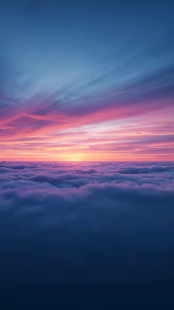 Vertical video: Gliding drone capturing sun rising on horizon over cloud deck, showing vivid colors