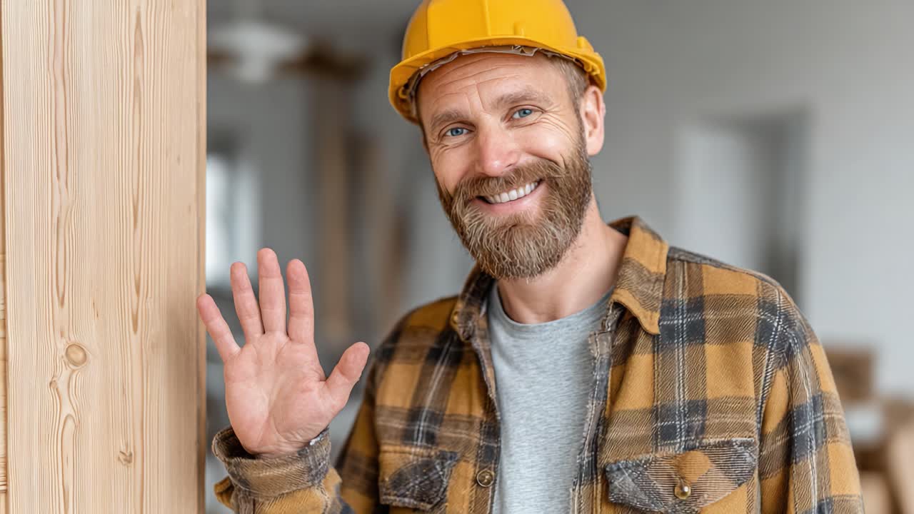 Friendly Construction Worker Wearing a Yellow Hard Hat and Flannel Shirt, Smiling and Waving, Showcasing a Welcoming Attitude in a Modern Renovation Space