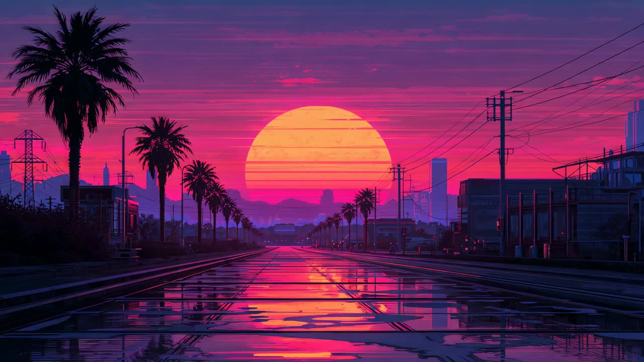 Camera dollying, stylized sun and reflection moving closer along wet tracks and palms to boost glow