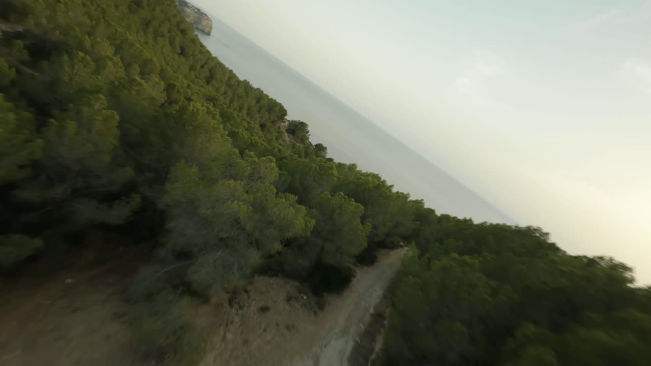 FPV shot over dense forest and coral along seaside in Cala d'egos beach, Spain