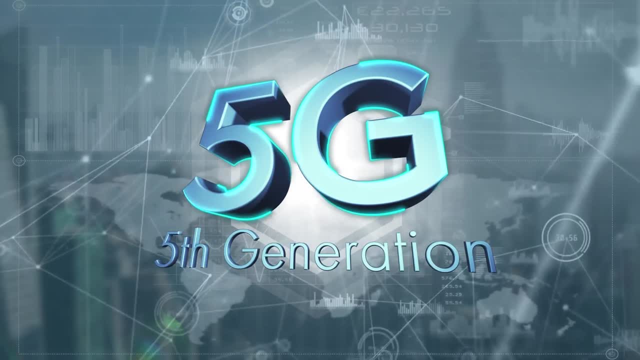 animación de texto de 5g 5a generación sobre red giratoria de conexiones, mapa del mundo y paisaje urbano