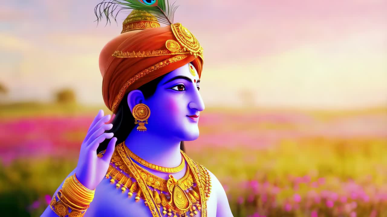 el señor krishna en un campo de flores