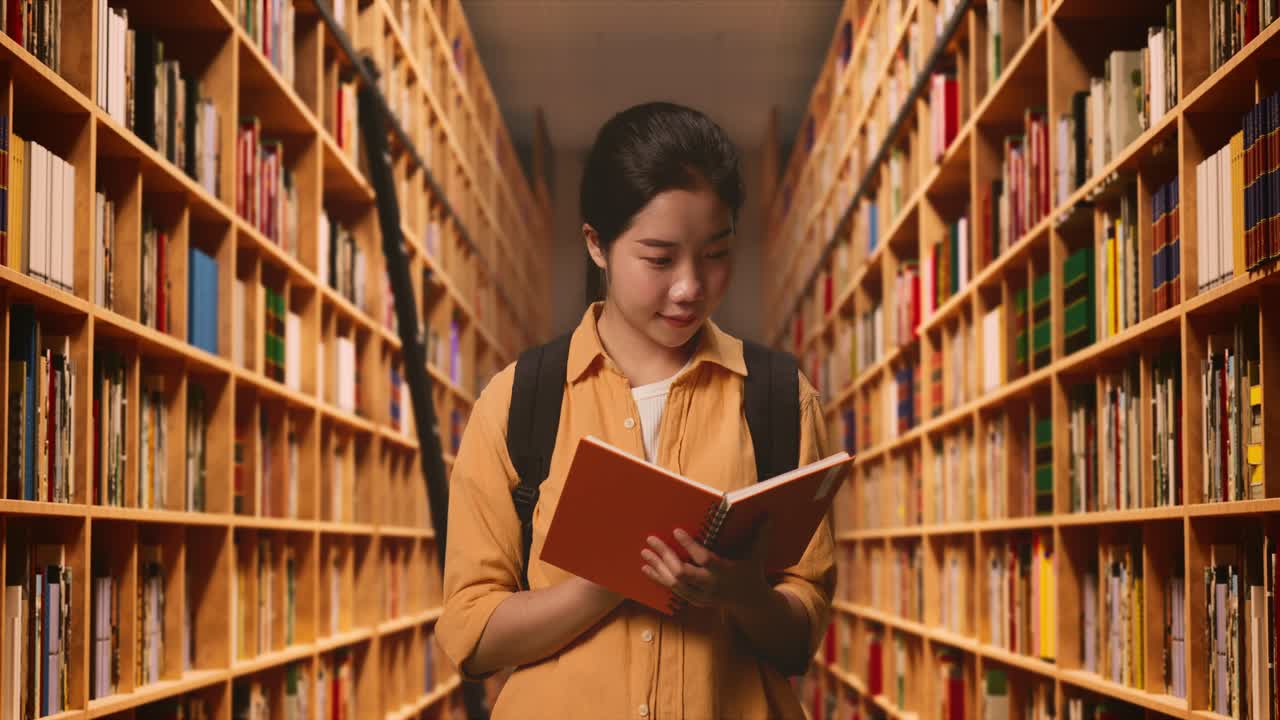 Asian Woman Student With A Backpack Holding And Reading A Book While Standing In The Library