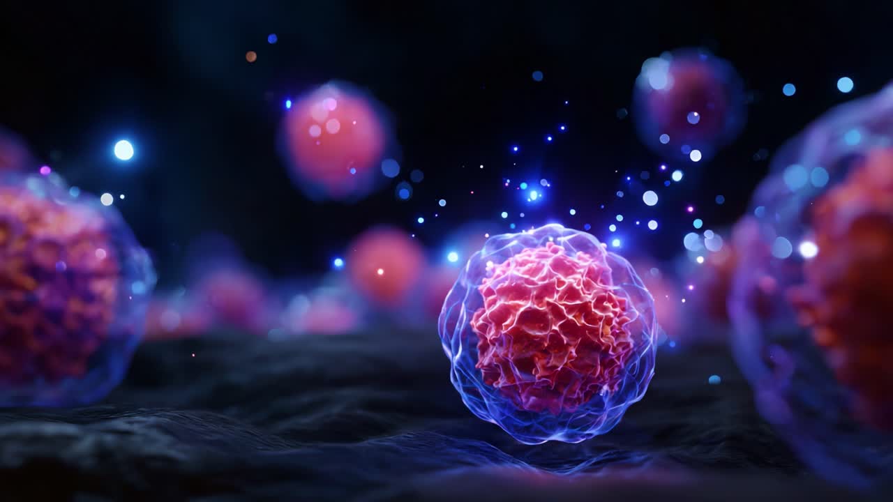 Microscopic View of Colorful Cells Surrounded by Glittering Particles Illuminating Life at the Cellular Level in a Stunning Scientific Visualization