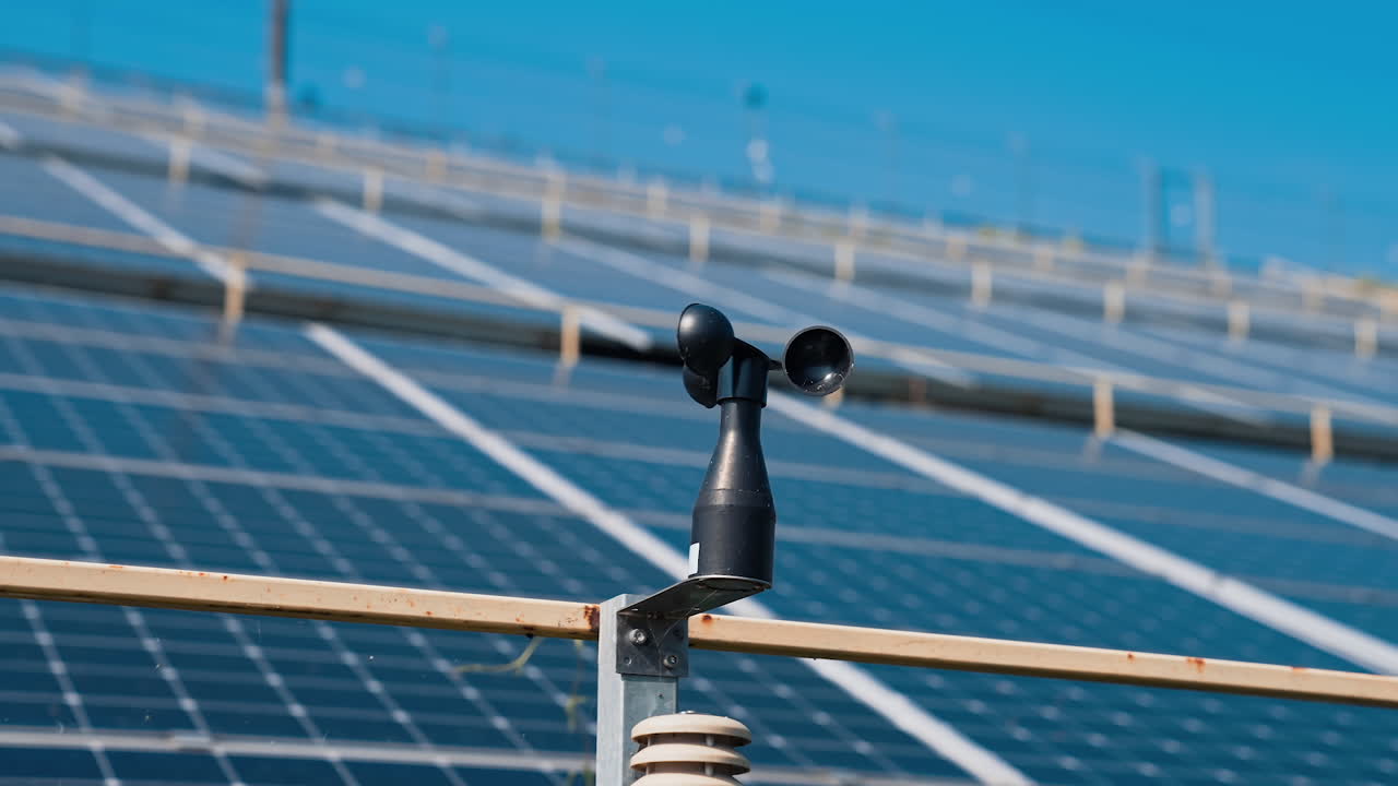 Industrial blower on the background of blue solar panels. Modern photovoltaic solar panels. Renewable ecological source of energy from the sun. Close-up.