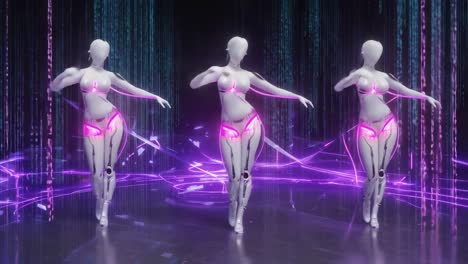 robotic dancers in abstract purple lighting