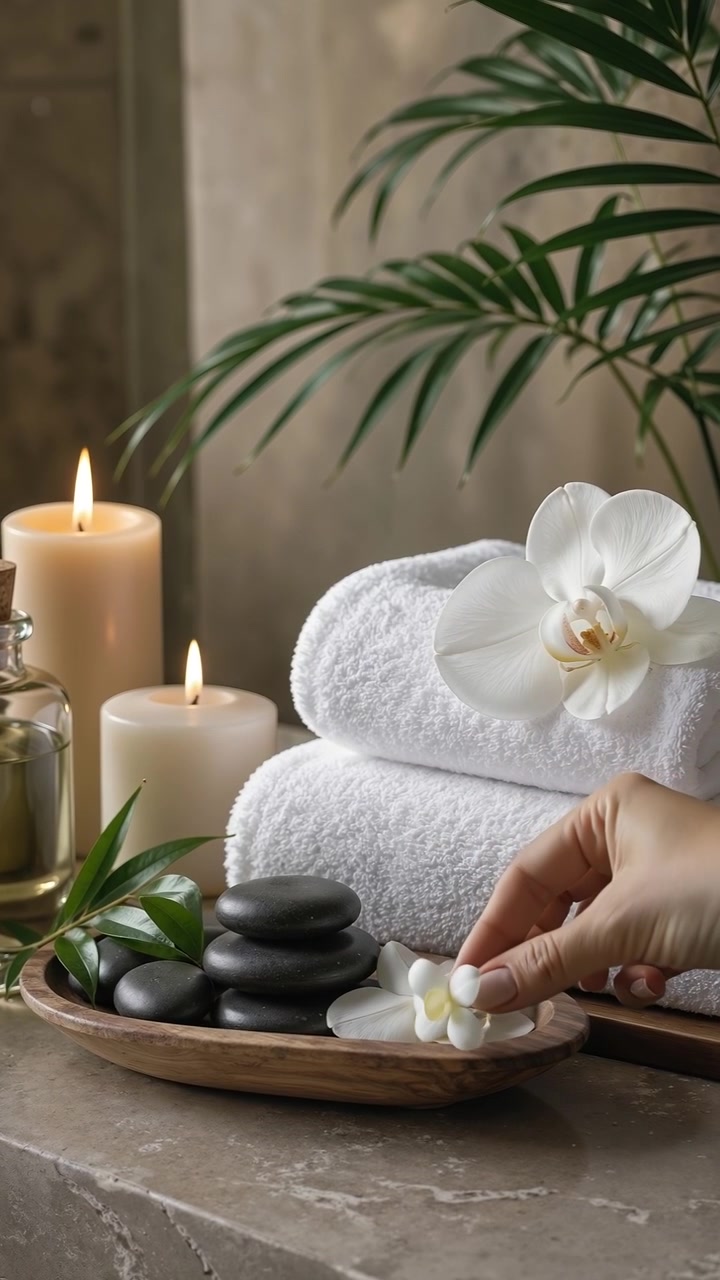 Beyaz rulo havlular, yakılmış mumlar, masaj taşları ve beyaz bir orkide çiçeği ile rahatlatıcı spa düzenlemesi.
