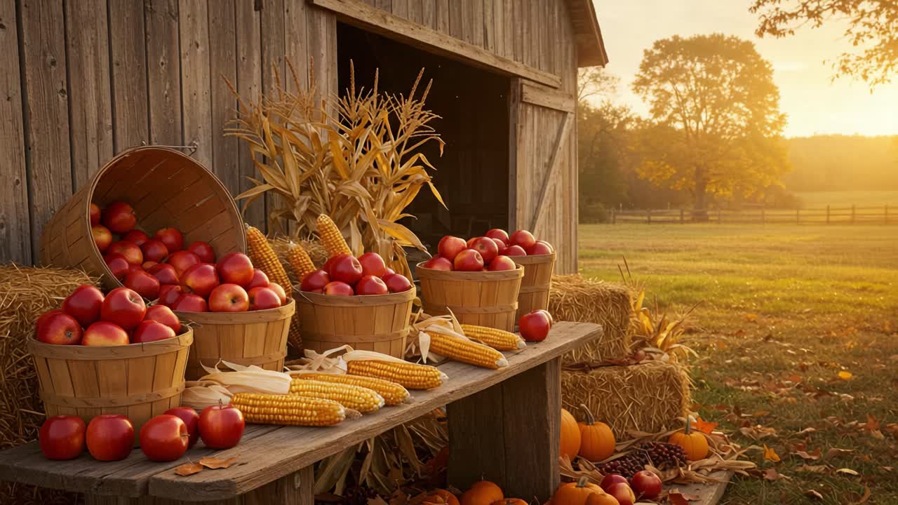 Autumn Harvest Scene with Apples, Corn, Pumpkins, and Barn